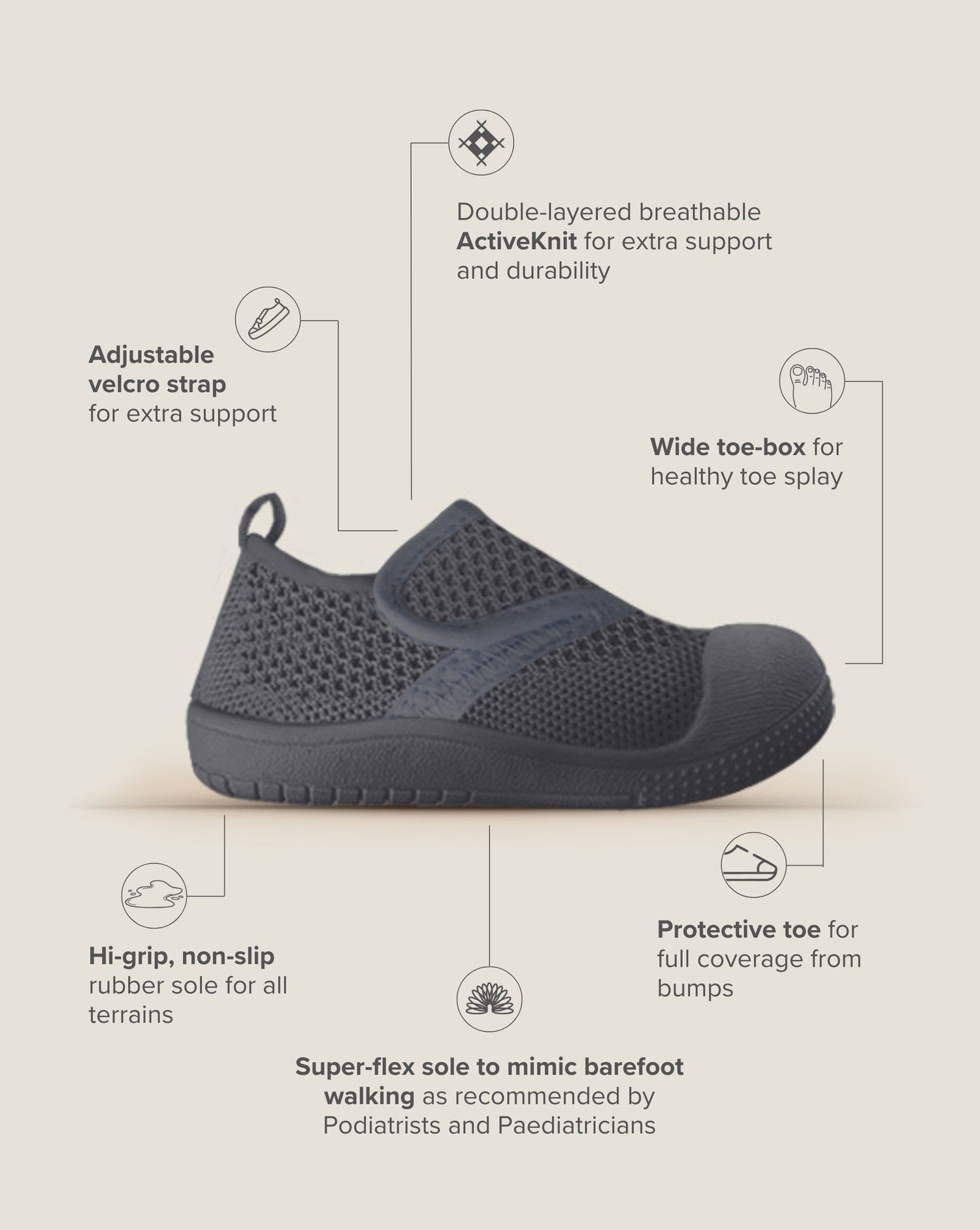 SOHLS® Active Velcro Toddler Shoe – Slate Grey