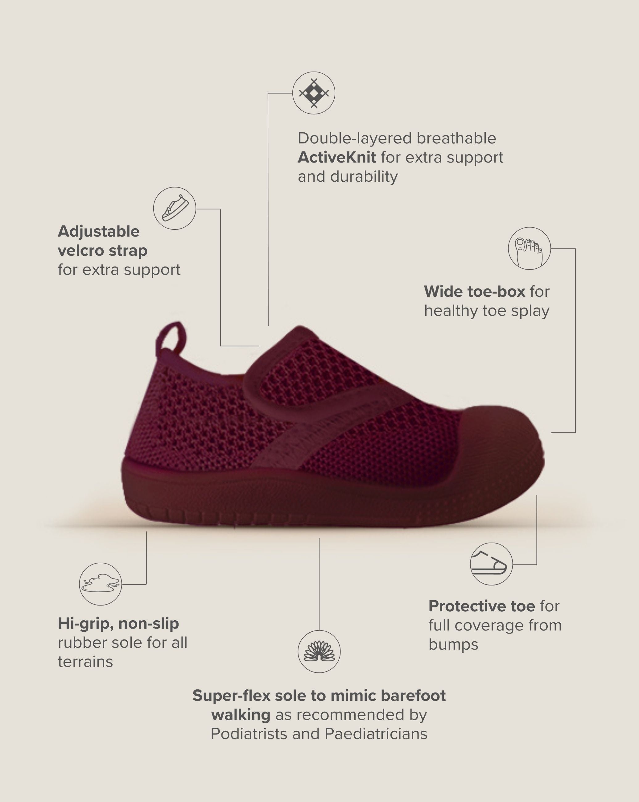 SOHLS® Active Velcro Toddler Shoe – Burgundy (Limited Edition)