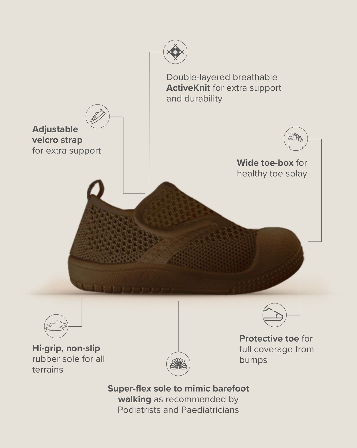 SOHLS® Active Velcro Toddler Shoe – Mudstone Brown