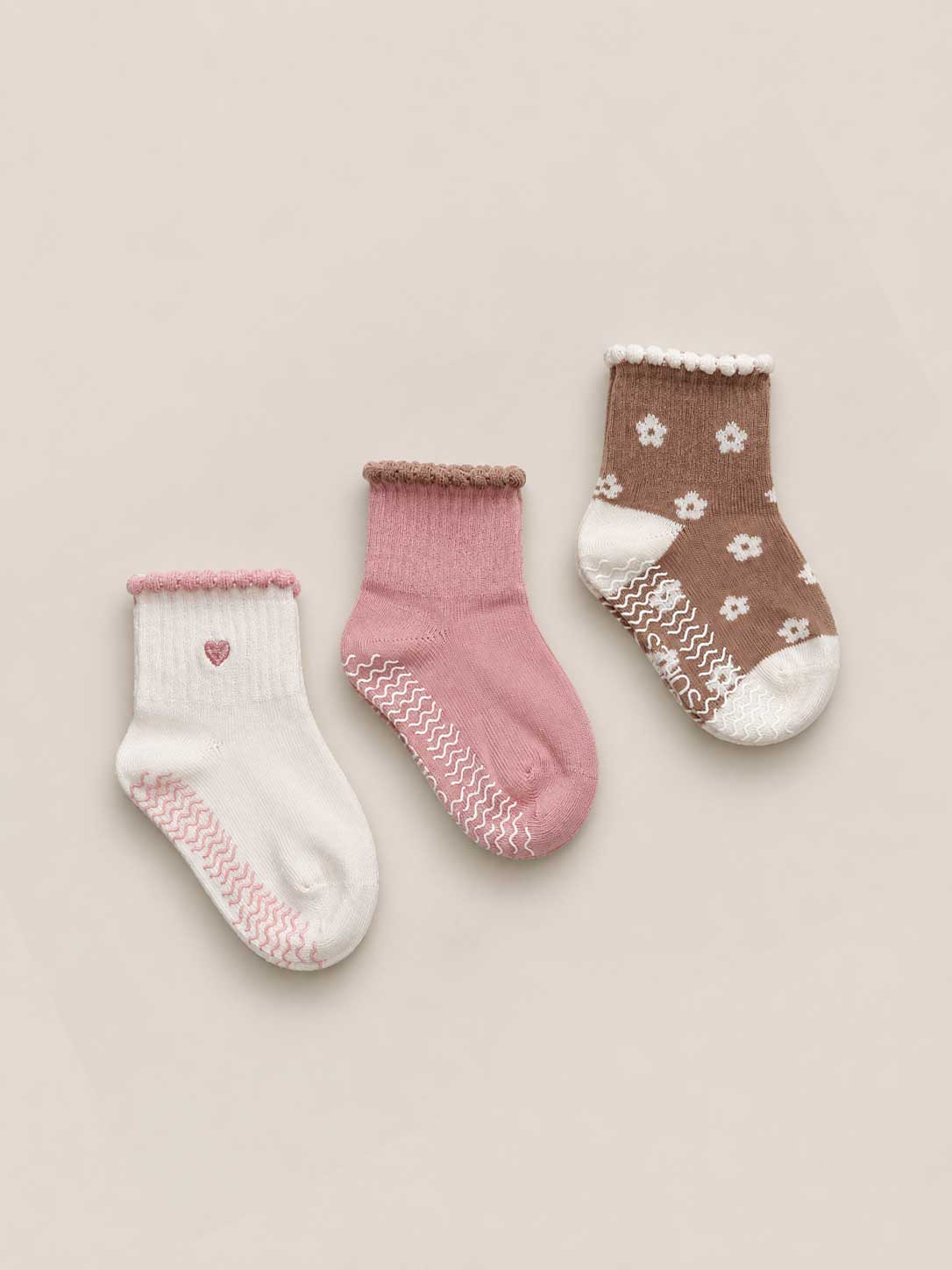 SOHLS Premium Grip Socks 3 Pack – Pink/Brown